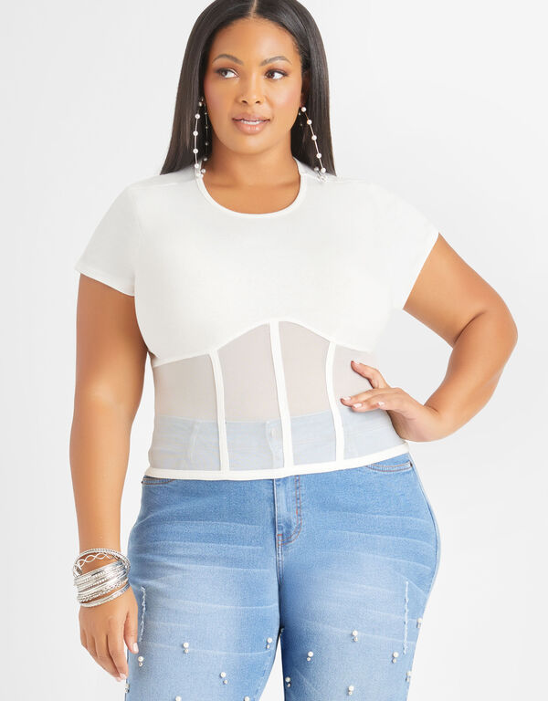 Mesh Paneled Bustier Top, White image number 0
