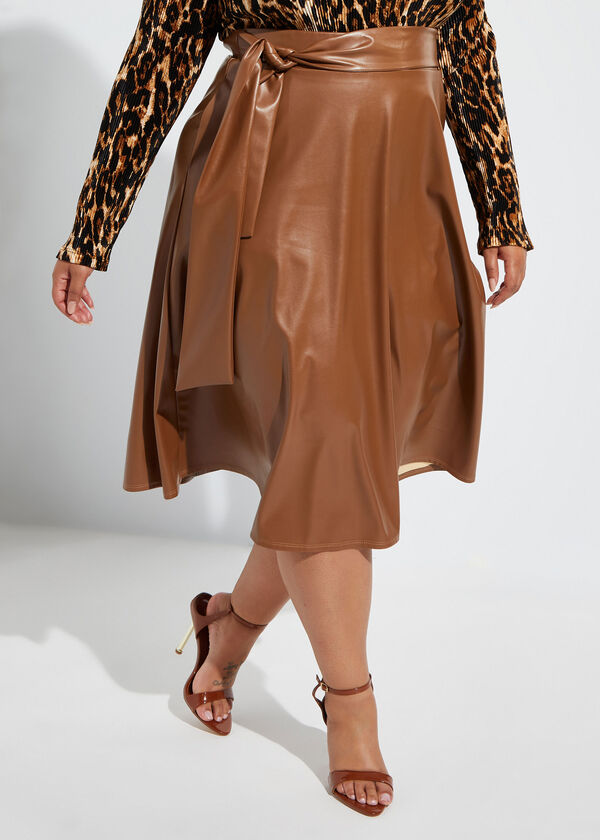 Belted Faux Leather Midi Skirt, Mocha image number 2