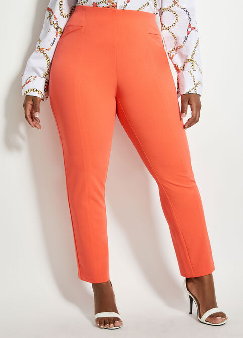 Crepe Pull-On Straight-Leg Pants, Hot Coral image number 0