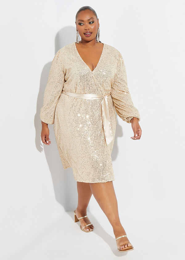 Sequined Mesh Wrap Dress, Gold image number 0