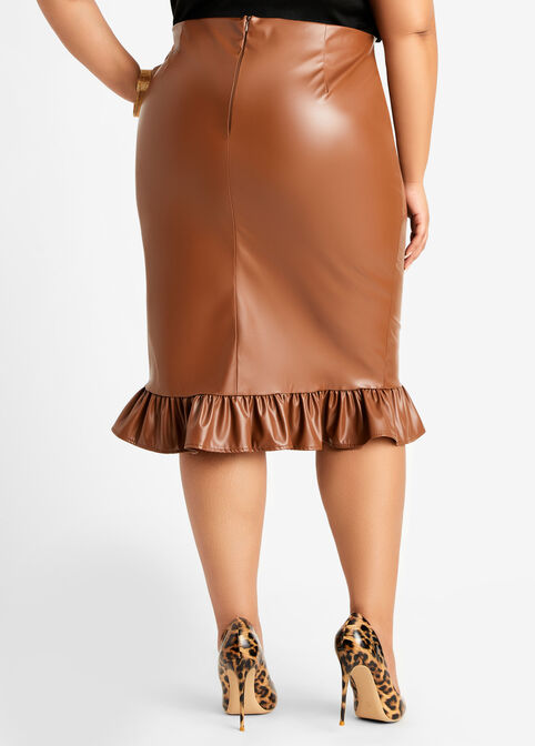 Faux Leather Ruffle Hem Skirt, Camel Taupe image number 1
