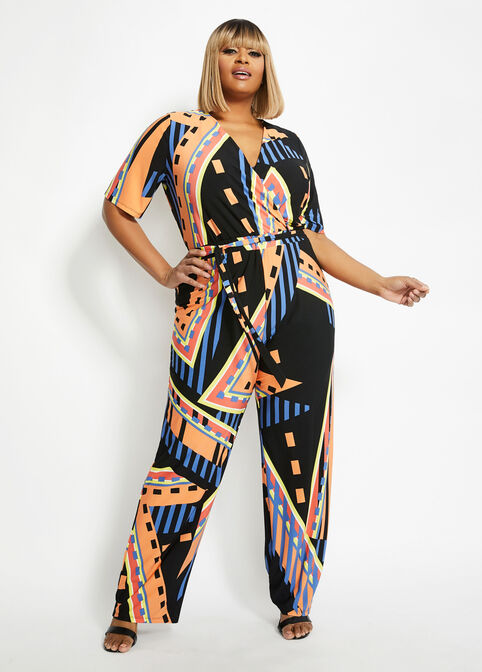 Plus Size Tall Belted Geometric Mock Wrap Wide-Leg Jumpsuit image number 0