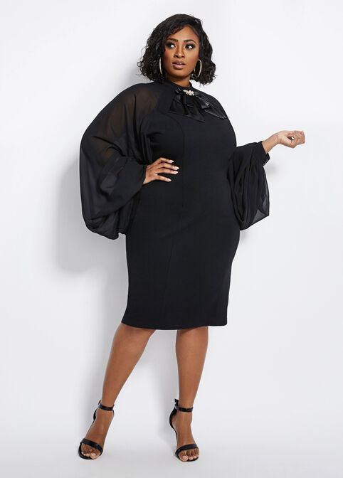 Embellished Sheer Sleeve Dress, Black image number 0