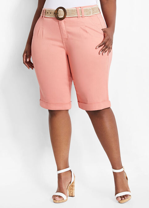 Belted Cuffed Bermuda Shorts, Geranium Pink image number 0