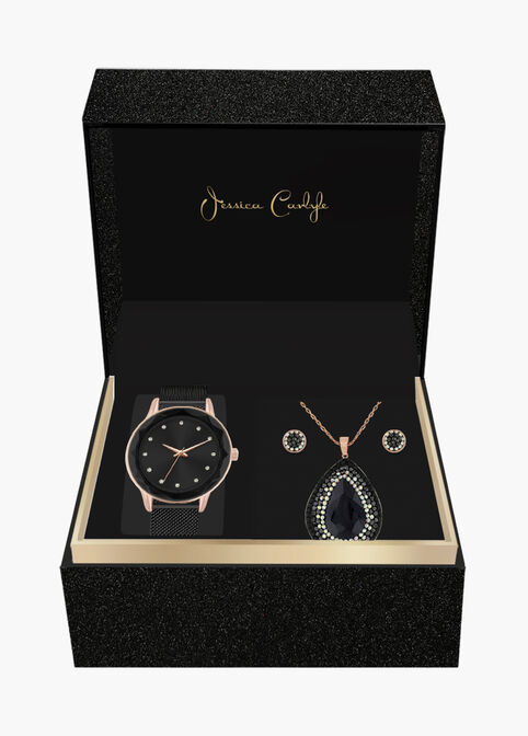 Black Watch Necklace & Earring Set, Black image number 1