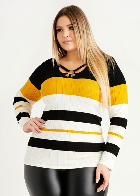 Plus Size Stripe Ring Cutout Neck Cozy Chic Sexy Ribbed Knit Sweater image number 0