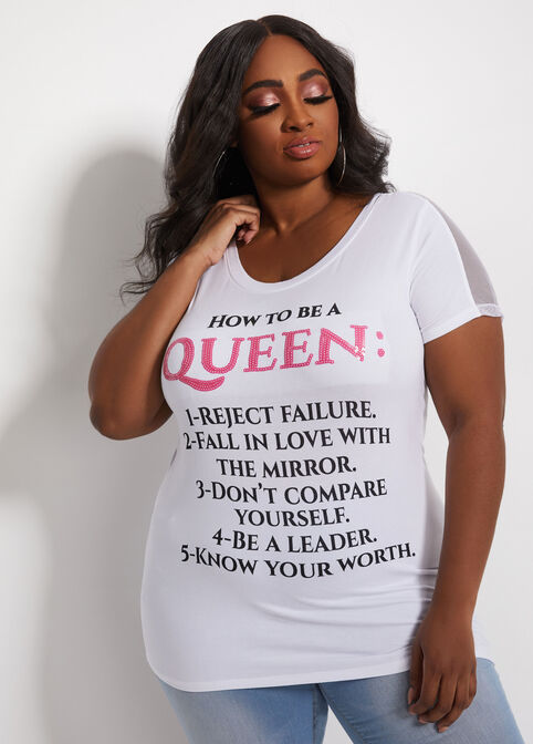 Queen Mesh Trim Sequin Graphic Tee, White image number 0