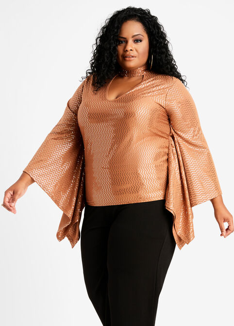Sequin Cutout Mock Neck Poncho, Bronze image number 0