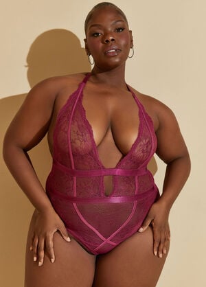 Halter Mesh And Lace Bodysuit, Raspberry Radiance image number 0