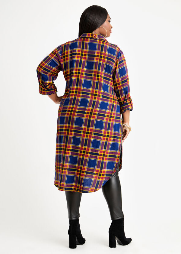 Plaid Side Slit Button Up Duster, Peacoat image number 1