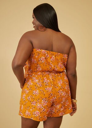 Floral Print Strapless Romper, Golden Yellow image number 1