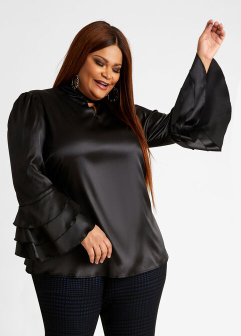Plus Size Satin Mock Neck Cutout Tiered Flare Sleeve Sexy Top image number 0