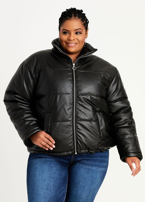 Quilted Faux Leather Puffer Coat, Black image number 0
