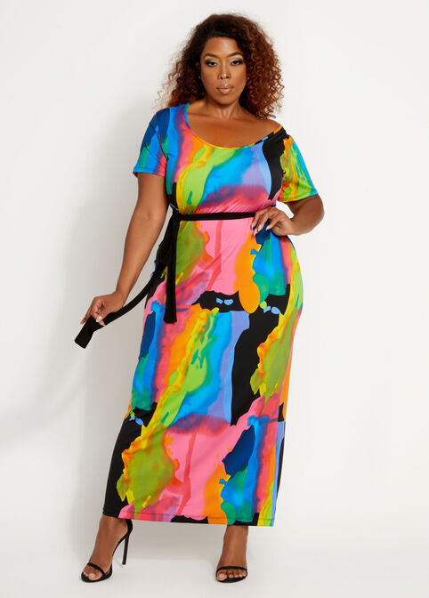 Belted Rainbow Watercolor Bodycon, Multi image number 0