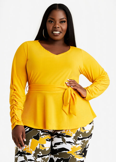 Plus Size Signature Belted Ruched Sleeve Peplum Top Sexy Knit Work Set