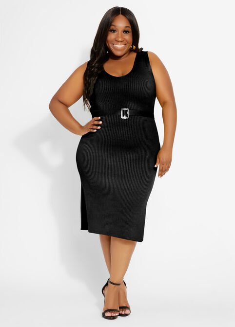 Belted Ribbed Bodycon Midi Dress, Black image number 0