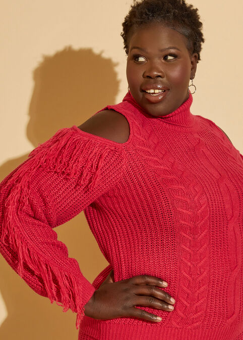 Fringed Cable Knit Sweater, Bright Rose image number 2