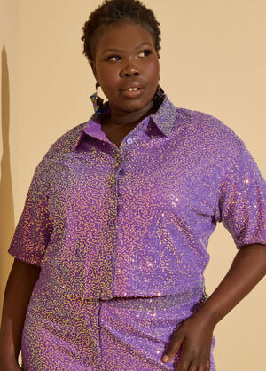 Cropped Sequined Mesh Shirt, Purple image number 0