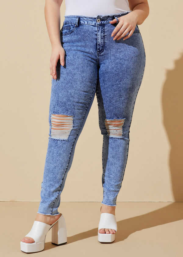 Distressed Acid Wash Skinny Jeans, Blue image number 0