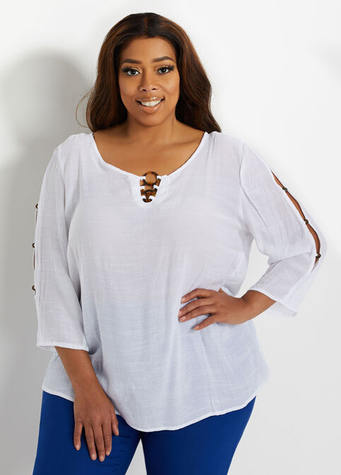 Ring Cutout Open Sleeve Gauze Top, White image number 0