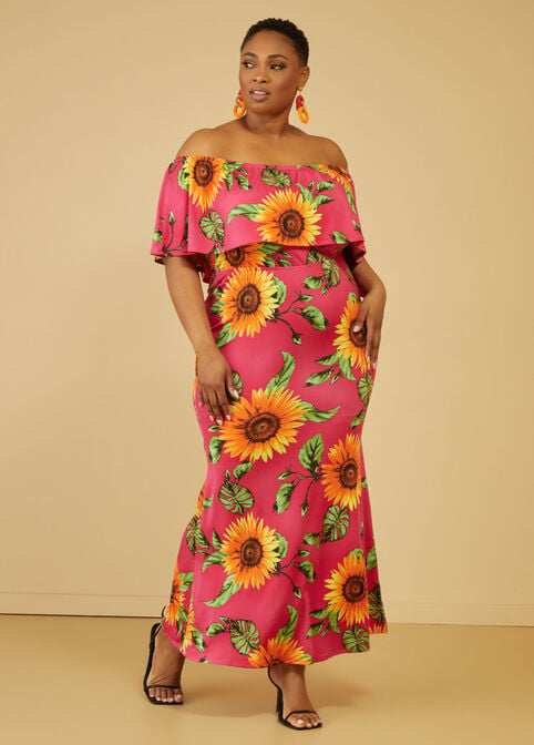 Off The Shoulder Sunflower Dress, Pink Peacock image number 0