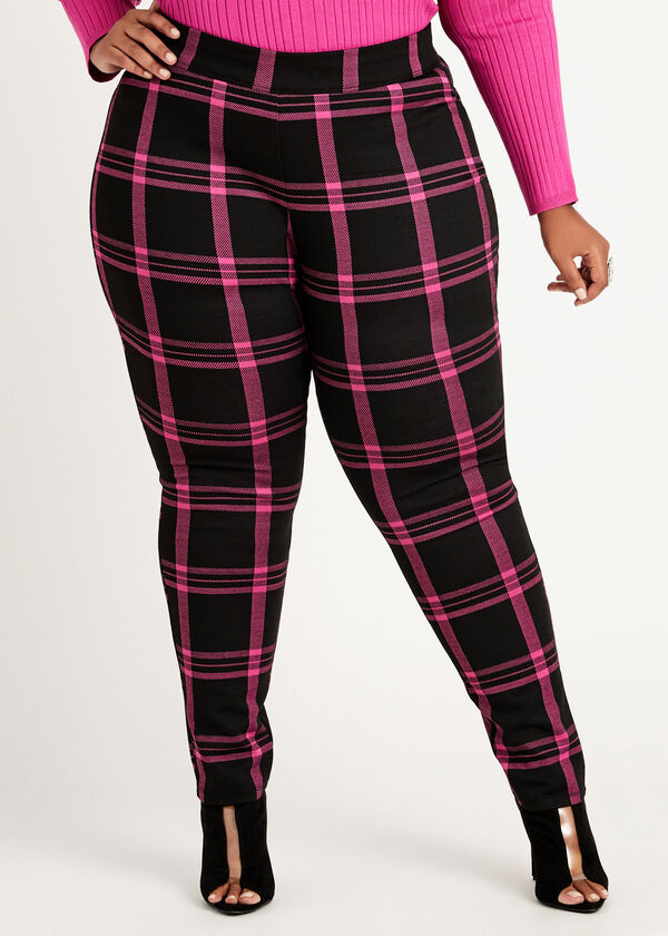 Plaid Knitted Leggings, Fuchsia Red image number 0