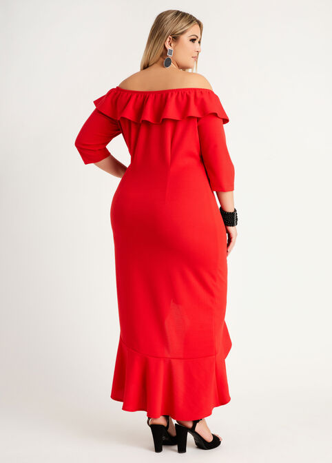 Ruffle Off The Shoulder Hi Low Dress, Barbados Cherry image number 1