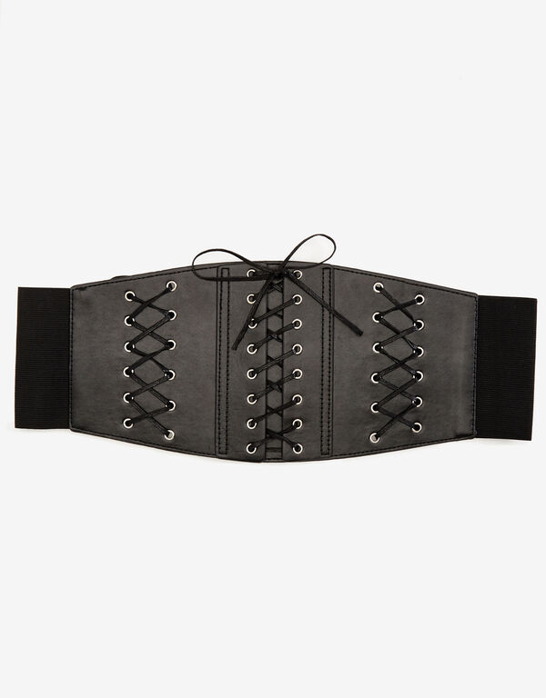 Lace Up Faux Leather Corset Waist Belt, Black image number 1