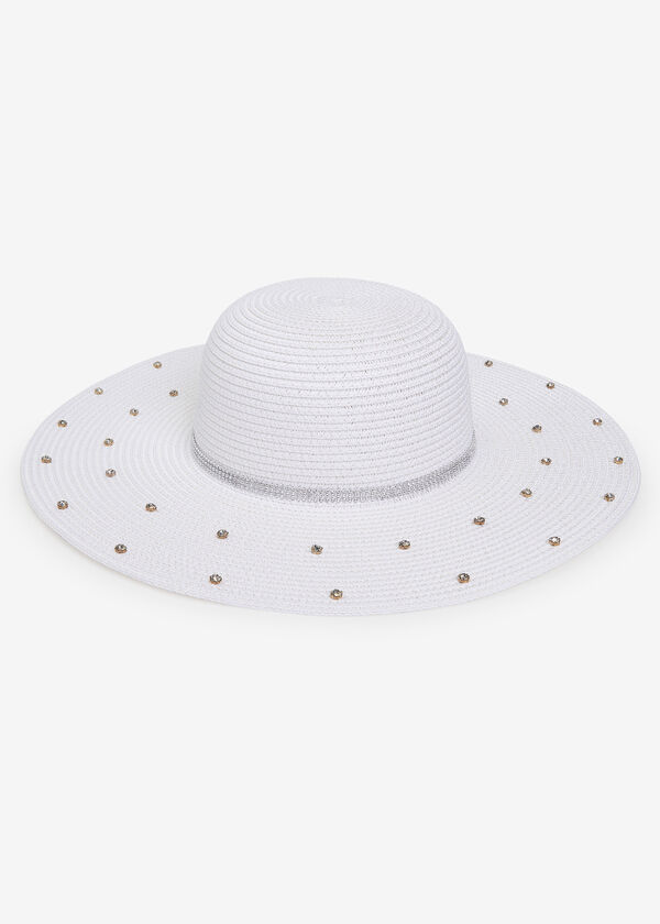 Embellished Wide Brim Straw Hat, White image number 1