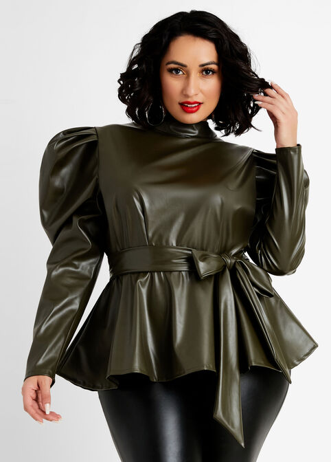 Belted Faux Leather Peplum Top, Olive image number 0