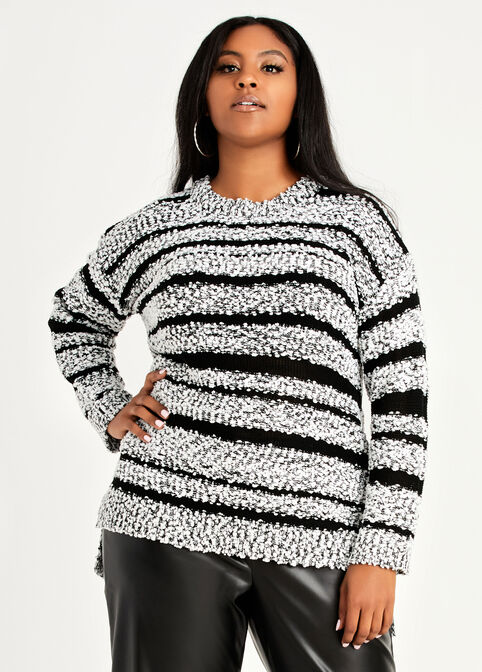 Open Knit Stripe Hi Low Sweater, Black White image number 0