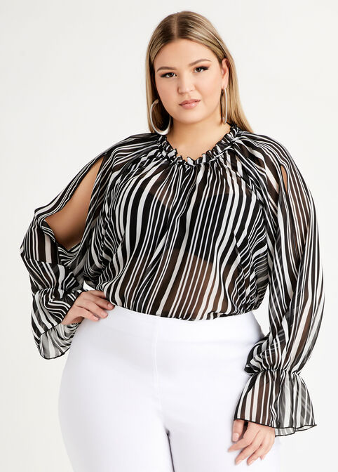 Stripe Sheer Open Sleeve Blouse, White Black image number 0