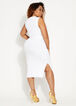 Belted Ribbed Bodycon Midi Dress, White image number 1