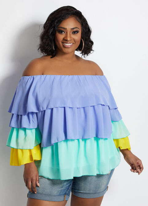 Tier Ruffle Off-The-Shoulder Top, Grapemist image number 0