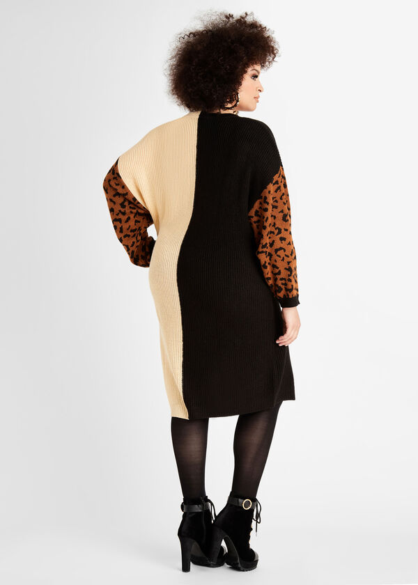 Leopard Colorblock Sweater Dress, Black Combo image number 1