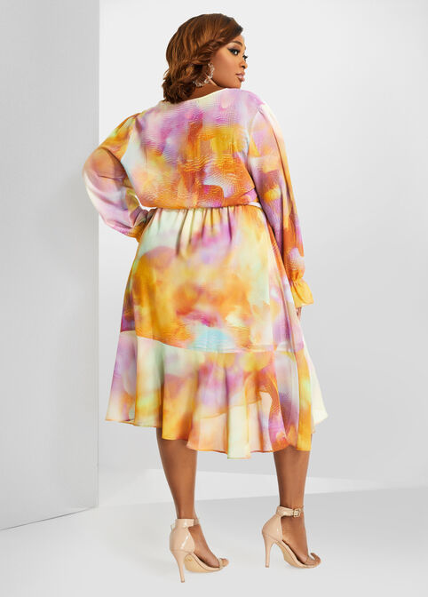 Belted Abstract Chiffon Wrap Dress, Multi image number 1