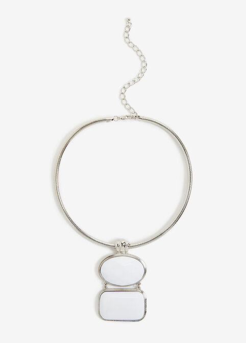 Silver Tone Double Stone Necklace, White image number 0