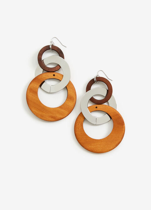 Wooden Interlocking Drop Earrings, Brown Combo image number 0