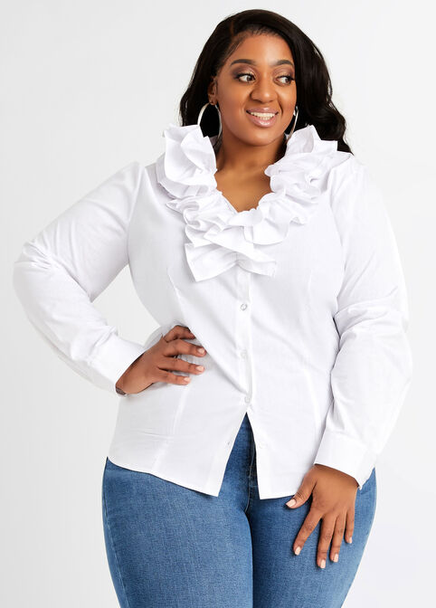 Tiered Ruffle Neck Button Up Top, White image number 2