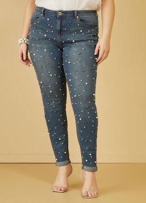 Faux Pearl High Rise Skinny Jeans, Dk Rinse image number 0