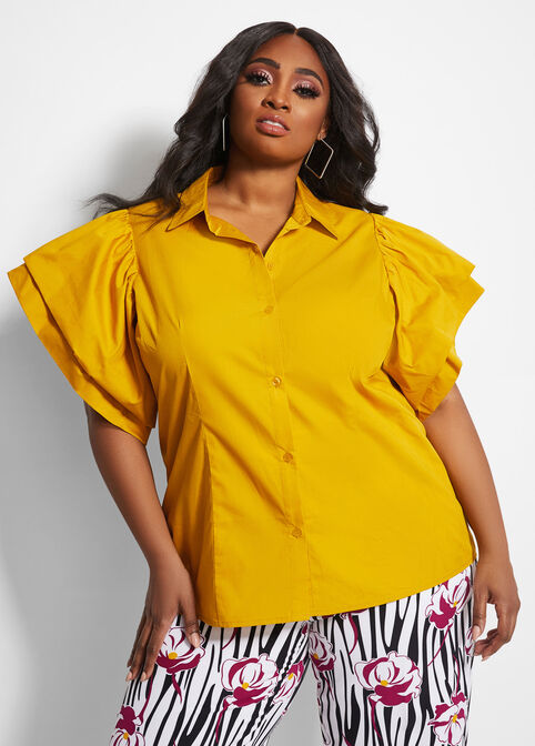 Cotton Tiered Sleeve Button Up Top, Nugget Gold image number 2