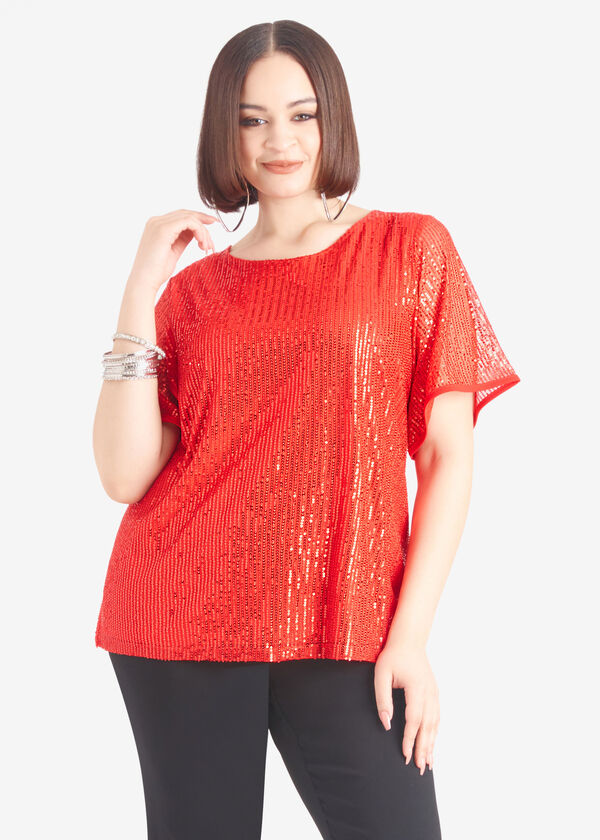 Sequin Paneled Stretch Knit Top, Barbados Cherry image number 0