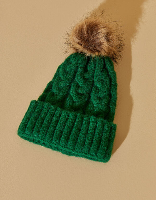 Cable Knit Pom Pom Hat, Abundant Green image number 1