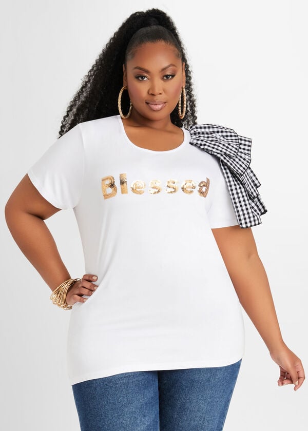 Bow Sequin Blessed Graphic Tee, White image number 0