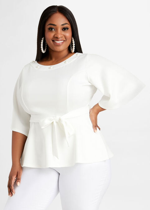 Belted Pearl Neck Peplum Scuba Top, White image number 0