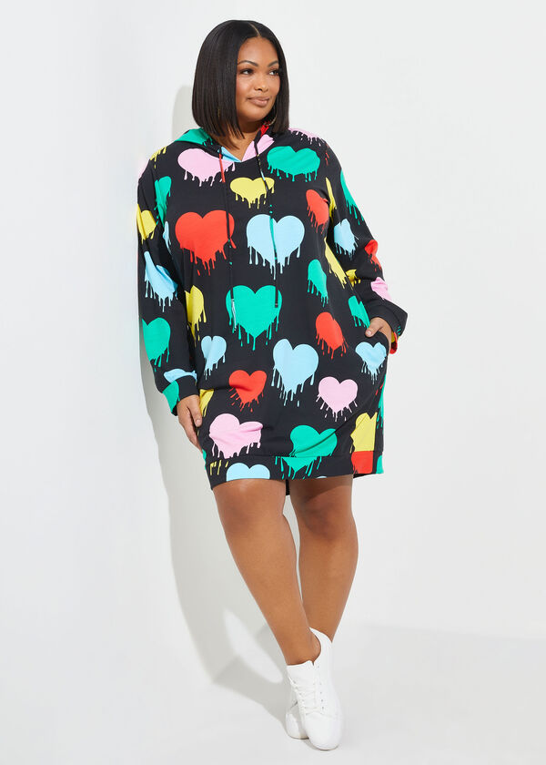 Hearts Printed Hoodie Dress, Black Combo image number 0