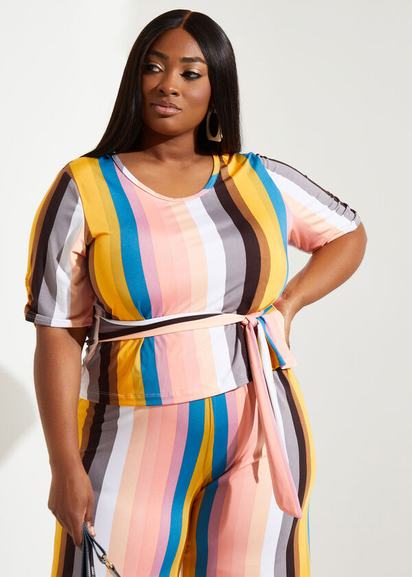 Belted Striped Jersey Top, Multi image number 0
