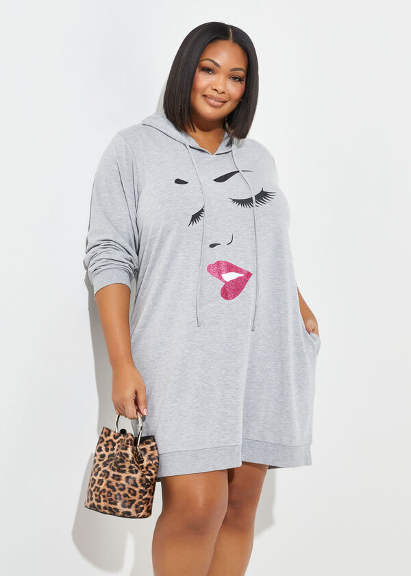 Face Graphic Hoodie Dress, Heather Grey image number 0