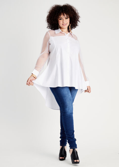 Poplin & Mesh Hi Low Button Up Top, White image number 0