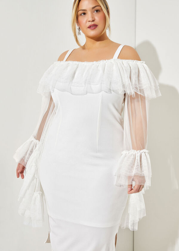 Ruffled Mesh Bodycon Dress, White image number 2